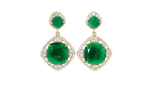 14.00 ct. t.w. Emerald and 1.60 ct. t.w. White Topaz Drop Earrings in 18kt Gold Over Sterling