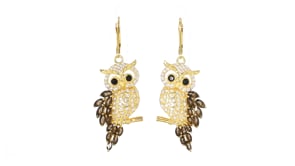 2.10 ct. t.w. Smoky Quartz, 1.00 ct. t.w. White Zircon and .20 ct. t.w. Black Spinel Owl Drop Earrings in 18kt Gold Over Sterlin