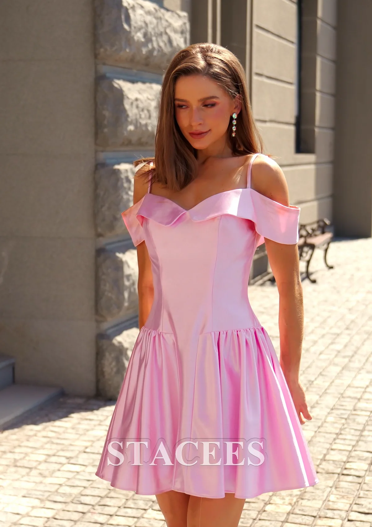 Stacees A-line V Neck Short Sleeve Satin Short/Mini Homecoming Dress with  Pleated S8206H