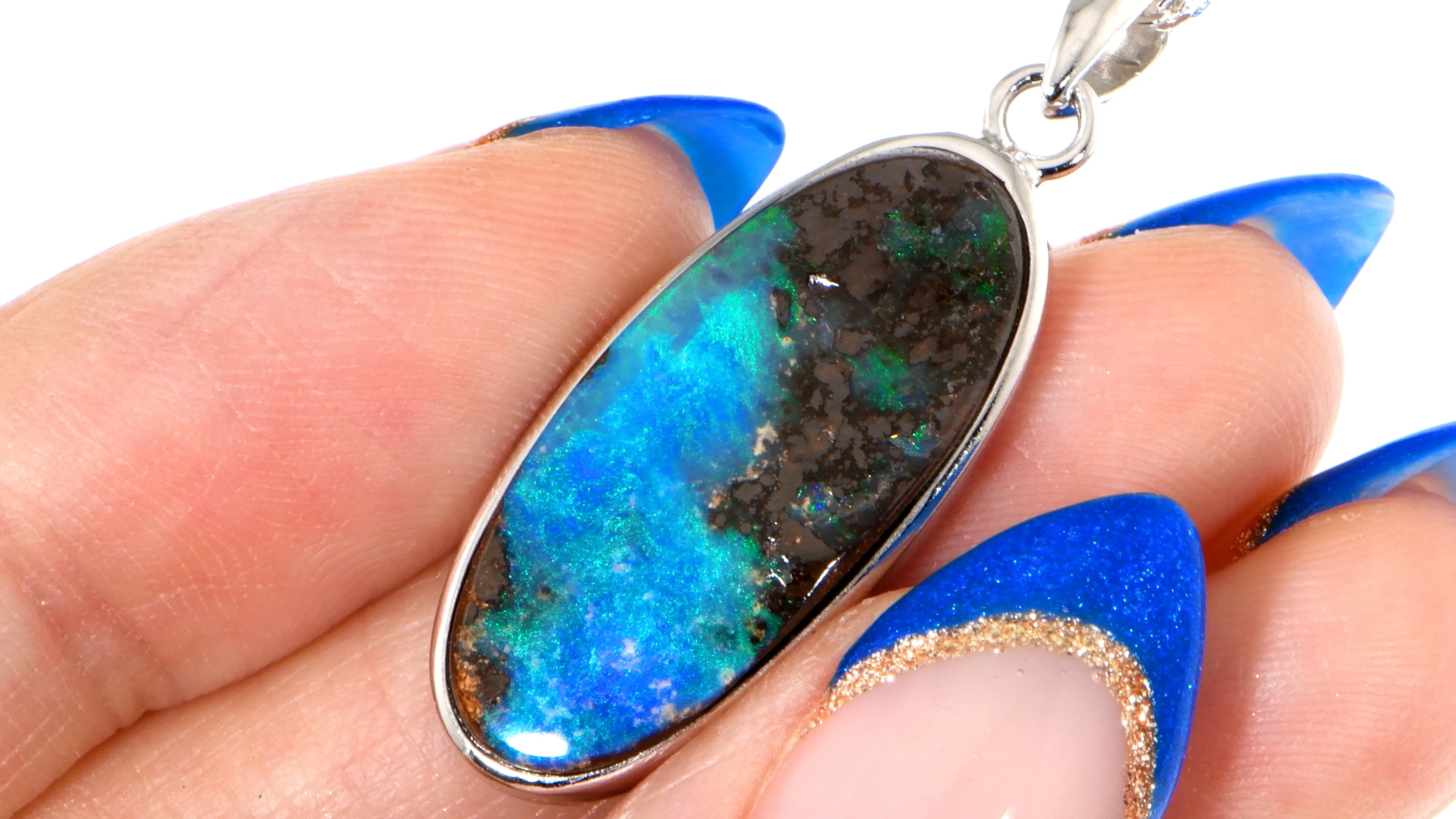 Blue Opal Necklace with Round and Oval Stones Rhodium on Sterling Silver - Nontarnish Blue Opal Necklace with Round and Oval Stones Rhodium on Sterling Silver - Nontarnish