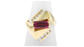 C. 1980 Vintage 1.35 Carat Rhodolite Garnet and .35 ct. t.w. Diamond Geometric Ring in 14kt Yellow Gold