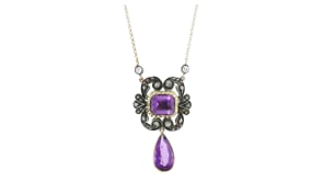 C. 1900 Vintage 8.20 ct. t.w. Amethyst and .60 ct. t.w. Diamond Drop Necklace in Sterling Silver and 18kt Yellow Gold