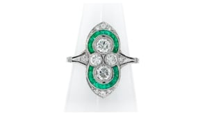 C. 1980 Vintage .80 ct. t.w. Diamond and .50 ct. t.w. Emerald Ring in Platinum