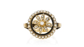 C. 1920 Vintage 2.5-3mm Cultured Pearl and Black Enamel Flower Ring with Seed Pearls in 15kt Yellow Gold