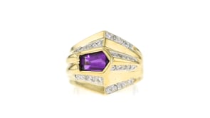 C. 1980 Vintage 1.10 Carat Amethyst and .30 ct. t.w. Diamond Geometric Ring in 14kt Yellow Gold