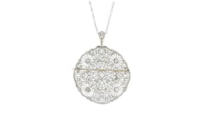 C. 1930 Vintage .77 ct. t.w. Diamond Filigree Pin/Pendant Necklace in Platinum and 18kt Yellow Gold