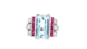 C. 1990 Vintage 3.30 Carat Aquamarine and 1.00 ct. t.w. Ruby Ring with .15 ct. t.w. Diamonds in Platinum