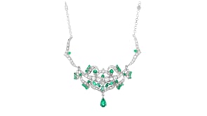 C. 1980 Vintage 2.95 ct. t.w. Emerald and 1.75 ct. t.w. Diamond Drop Necklace in 10kt and 18kt White Gold
