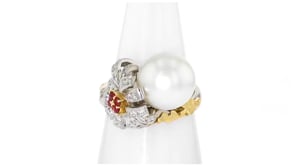 C. 1990 Vintage 12.5x11.5mm Cultured South Sea Pearl Flower Ring with .50 ct. t.w. Diamonds and .20 ct. t.w. Rubies in Platinum