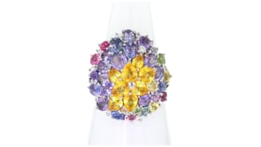 C. 1990 Vintage 7.20 ct. t.w. Multicolored Sapphire and .19 ct. t.w. Diamond Cluster Ring in Platinum
