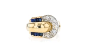 C. 1980 Vintage 1.20 ct. t.w. Sapphire and .55 ct. t.w. Diamond Buckle Ring in 18kt Yellow Gold