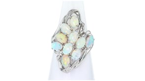 C. 1980 Vintage Opal Cluster Ring with Diamond Accents in Platinum