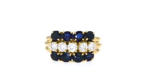 C. 1980 Vintage 2.80 ct. t.w. Sapphire and .75 ct. t.w. Diamond Three-Row Ring in 18kt Yellow Gold