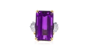 C. 1980 Vintage 26.40 Carat Amethyst and .85 ct. t.w. Diamond Ring in 14kt Yellow Gold