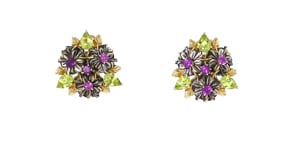 C. 1990 Vintage Black Mother-of-Pearl and 3.40 ct. t.w. Multi-Gem Flowers Earrings in 14kt Yellow Gold