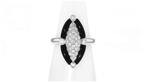 C. 2000 Vintage Onyx and .60 ct. t.w. Diamond Navette Ring in Platinum