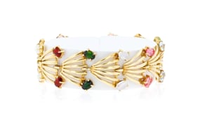 C. 1980 Vintage 9.70 ct. t.w. Multi-Gemstone Fan Bracelet in 14kt Yellow Gold