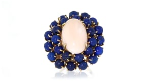 C. 1960 Vintage Pink Coral and Lapis Cocktail Ring in 14kt Yellow Gold