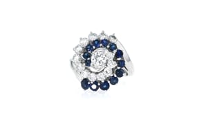 C. 1970 Vintage 1.35 ct. t.w. Sapphire and 1.10 ct. t.w. Diamond Swirl Ring in 14kt White Gold