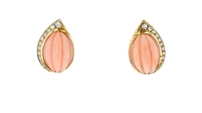 C. 1980 Vintage Pink Coral and .40 ct. t.w. Diamond Earrings in 18kt Yellow Gold