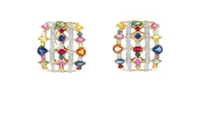 C. 1980 Vintage 6.95 ct. t.w. Multicolored Sapphire and .60 ct. t.w. Ruby Earrings with .16 ct. t.w. Diamonds in 18kt Yellow Gol