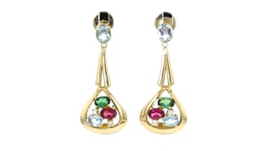C. 1970 Vintage 3.90 ct. t.w. Multi-Gemstone and .15 ct. t.w. Diamond Drop Earrings in 18kt Yellow Gold
