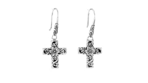 Sterling Silver Bali-Style Floral Cross Drop Earrings