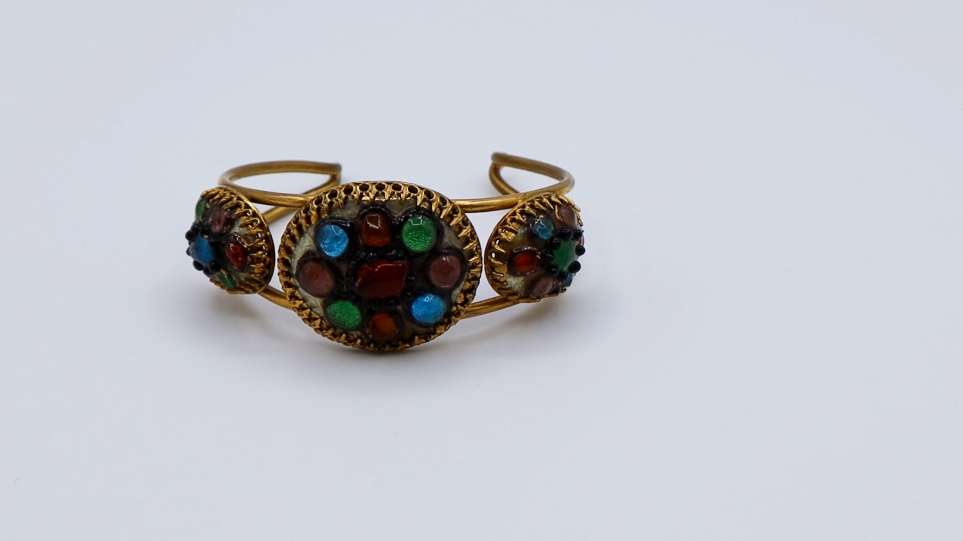 Bracelet Oriental En Métal Avec 3 Cabochons De Verre - Bijou D'occasion, Style Ethnique