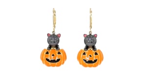 8-8.5mm Black Cultured Pearl Cat and Orange Enamel Pumpkin Drop Earrings in 18kt Gold Over Sterling