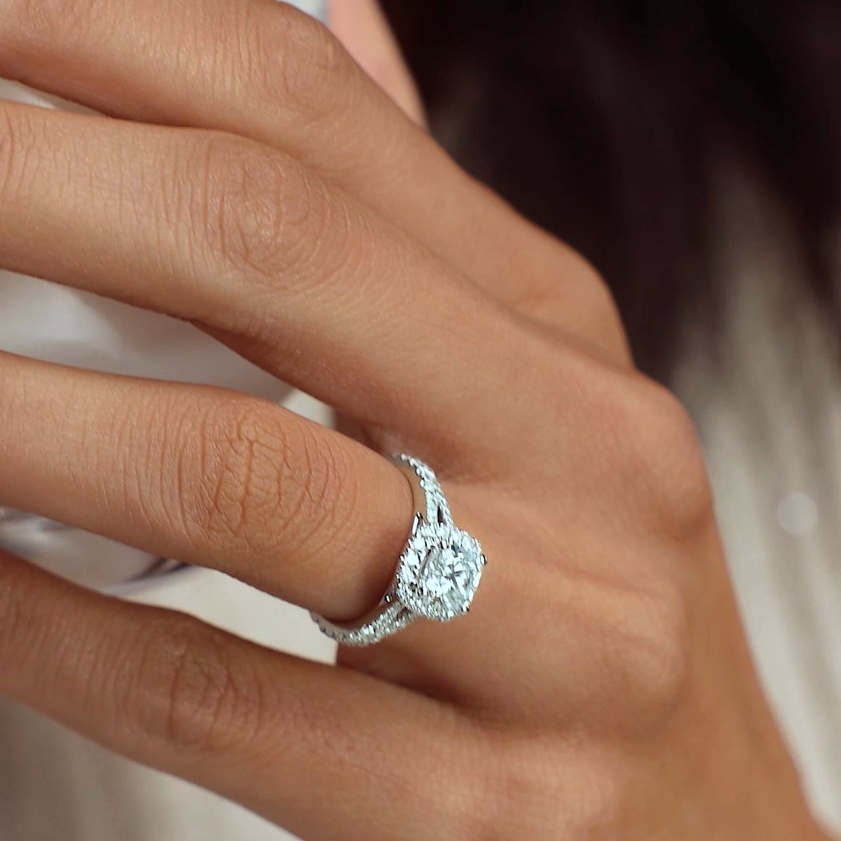 product video 2 for 1 1/2 ctw Cushion Lab Grown Diamond Split Shank Halo Engagement Ring