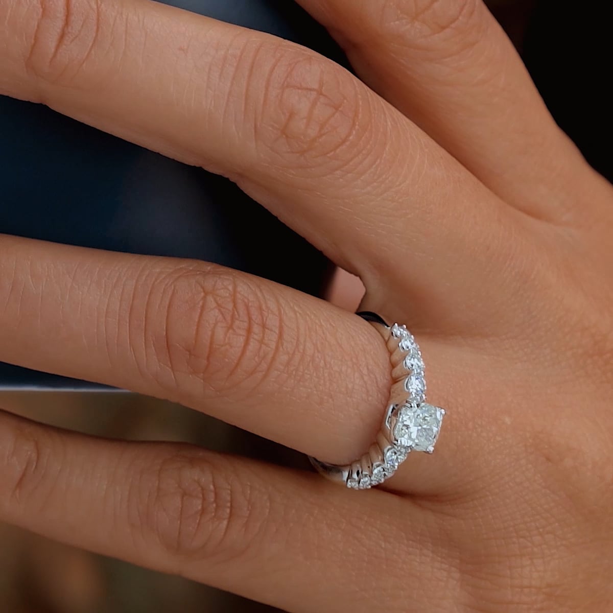 2 ctw Cushion Lab Grown Diamond Graduated Engagement Ring 14K White Gold, D, VVS