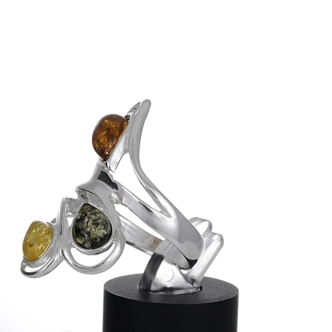 Sterling Silver & Baltic Amber Ring 'Elsa' - 3 Pear-Shaped Stones, Handcrafted