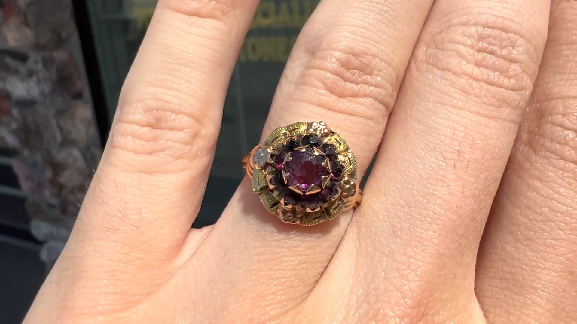 1920's Art Nouveau Garnet Halo Ring in 10kt Gold | Burton's