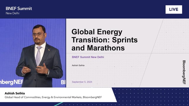 Watch "<h3>BNEF Talk: Global Energy Transition: Sprints and Marathons</h3>
Investments in the energy transition, installation of clean power capacity and sales of electric vehicles were at all time high last year. On the other hand, 2023 was also the hottest year on record. Which technologies can lead the way and which ones need an extra push? How easy or difficult is it to accelerate our journey to net zero emissions?
Presented by Ashish Sethia, Global Head of Commodities, Energy & Environmental Markets, BNEF"