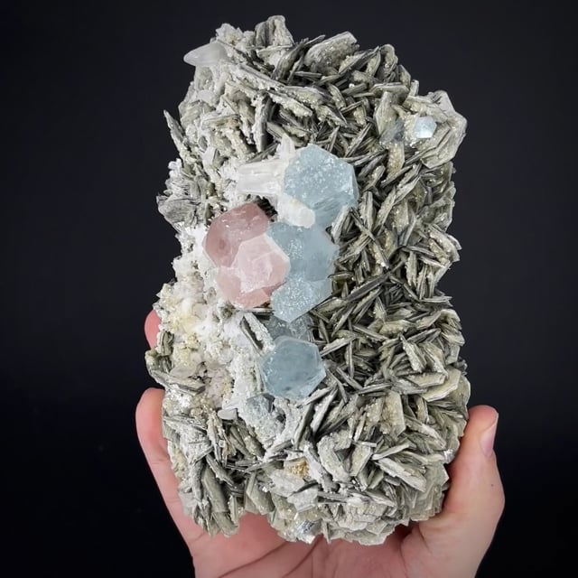 Aquamarine, Fluorapatite and Quartz on Muscovite