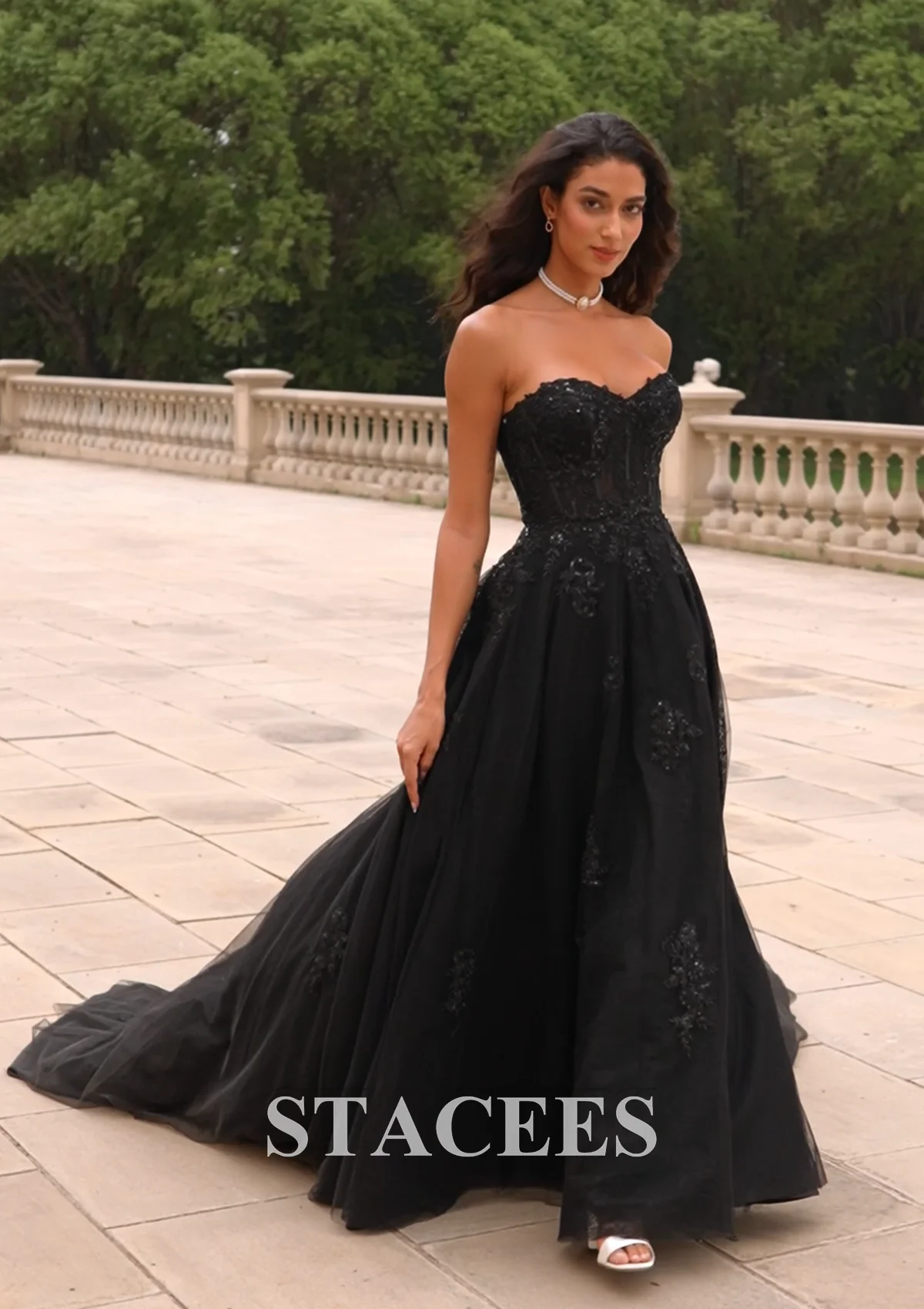 STACEES Gorgeous A-line Corset Tulle Court Train Strapless Wedding Dress  with Beaded Lace S3037W