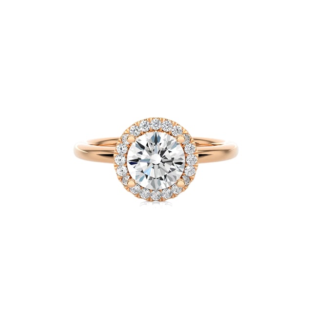 2.50 carat solitaire halo ring in red gold with round lab grown diamonds