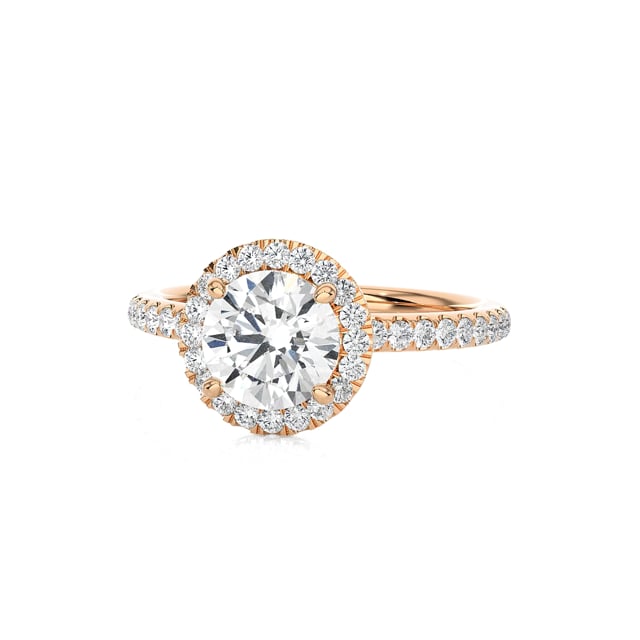 1.50 carat solitaire halo ring in red gold with round lab grown diamonds