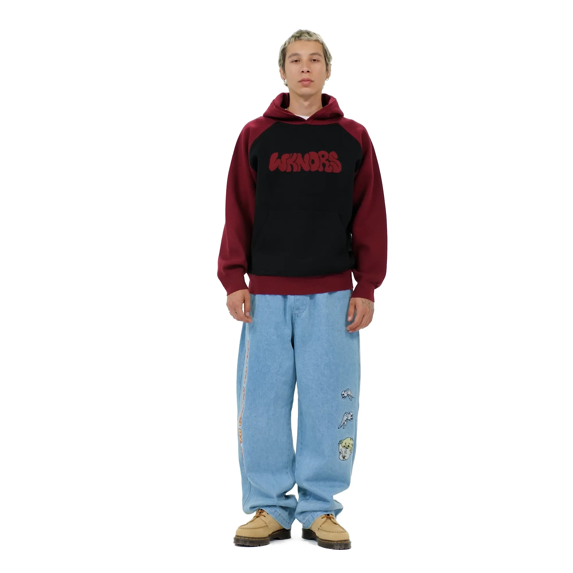 MUSINSA | WKNDRS GRAFFITI LOGO KNITTED HOODIE (BURGUNDY)