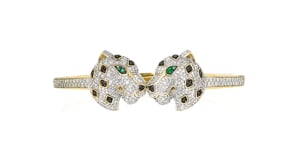 2.00 ct. t.w. White and Black Diamond Leopard Cuff Bracelet with Emerald Accents in 18kt Gold Over Sterling