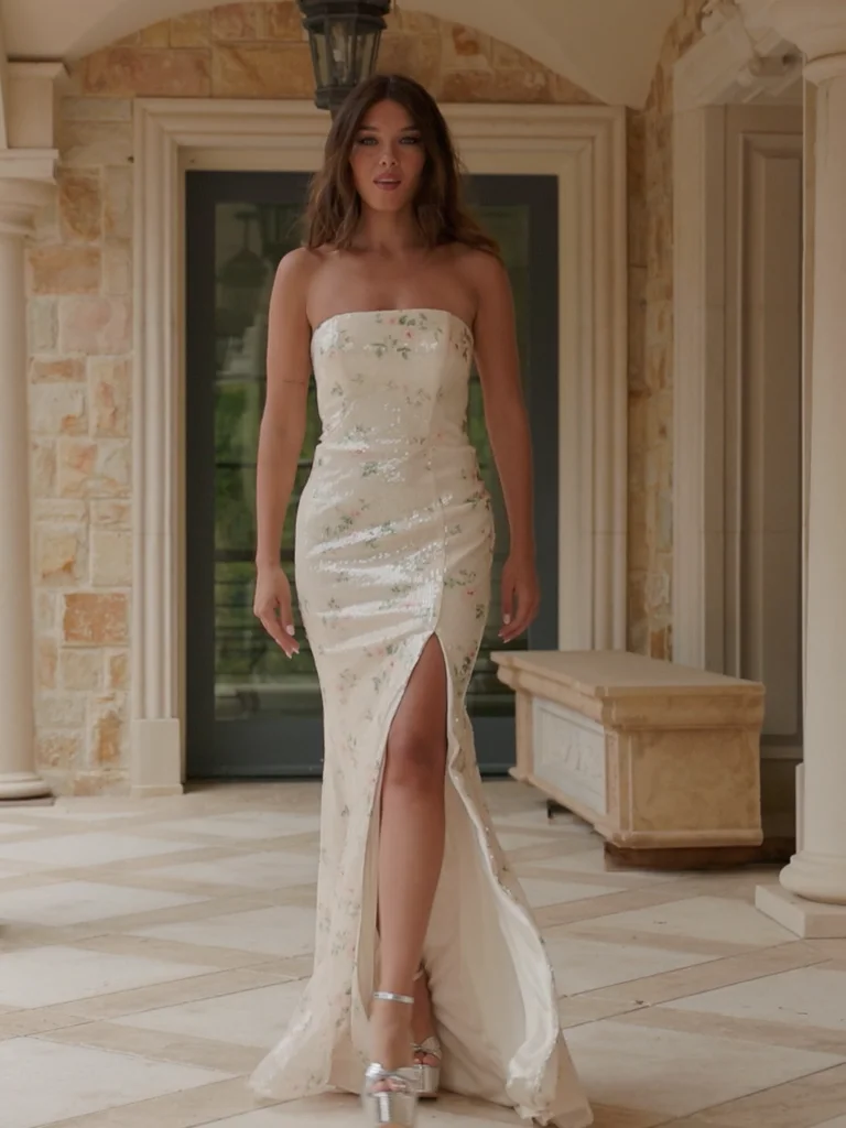 faviana white prom dress Long Stretch Satin Dress With V Neckline And Applique Bodice