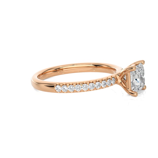1.50 carat solitaire ring with a lab grown princess diamond in red gold with lab grown side diamonds