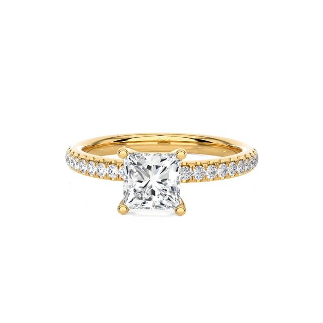 3.00 Karat Solitärring mit laborgezüchtetem Prinzessdiamant aus Gelbgold mit kleinen Labordiamanten