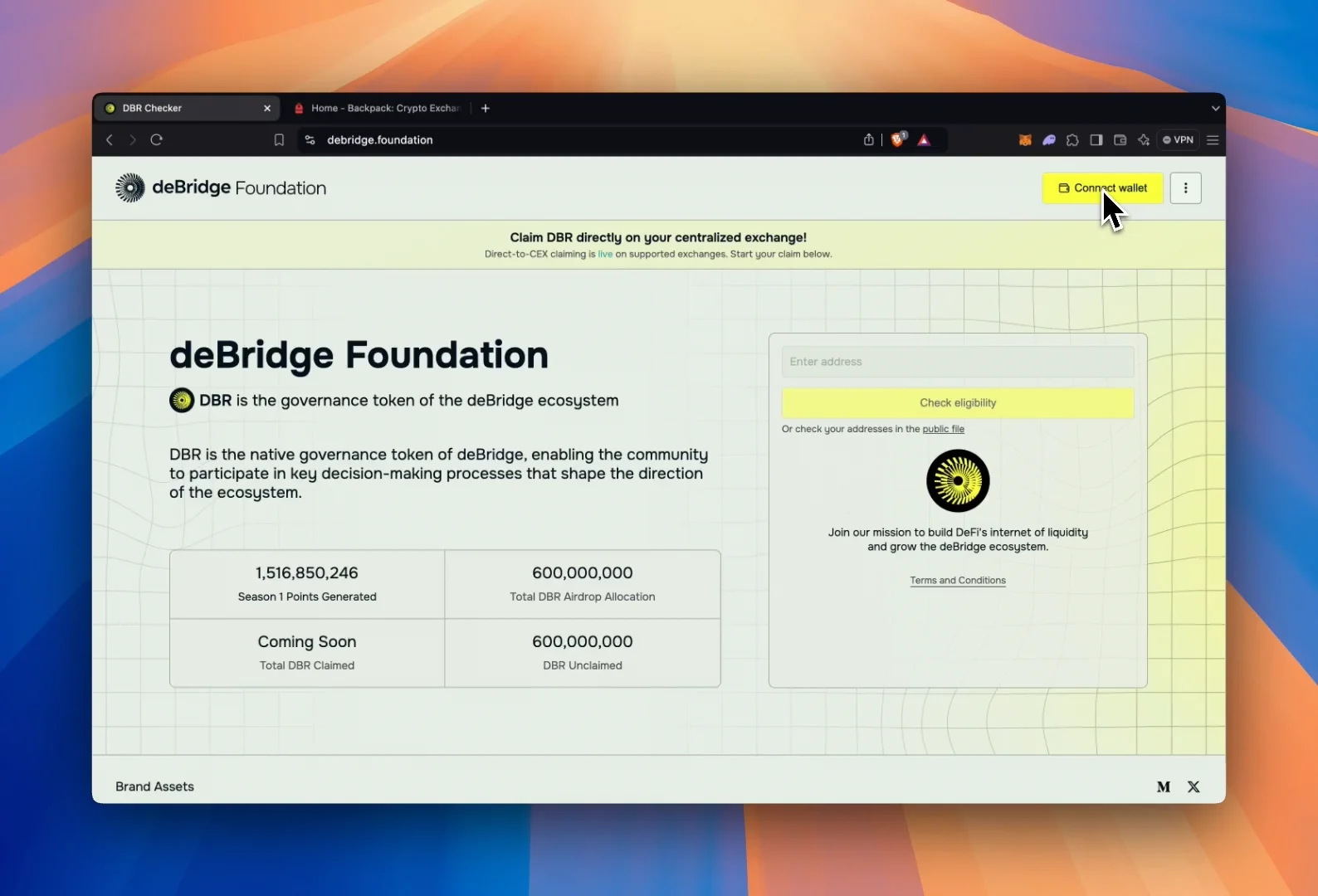 How to claim DBR to Backpack Exchange