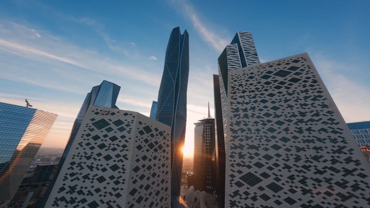 Low-angle view of the King Abdullah Financial District towers in Riyadh, from ChopperShoot's FPV film