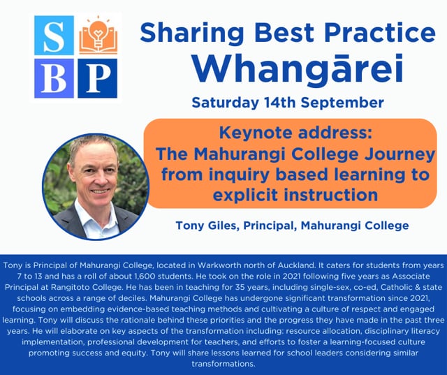 SBP Te Tai Tokerau: The Mahurangi College Journey from Inquiry Based Learning to Explicit Instruction (Tony Giles)