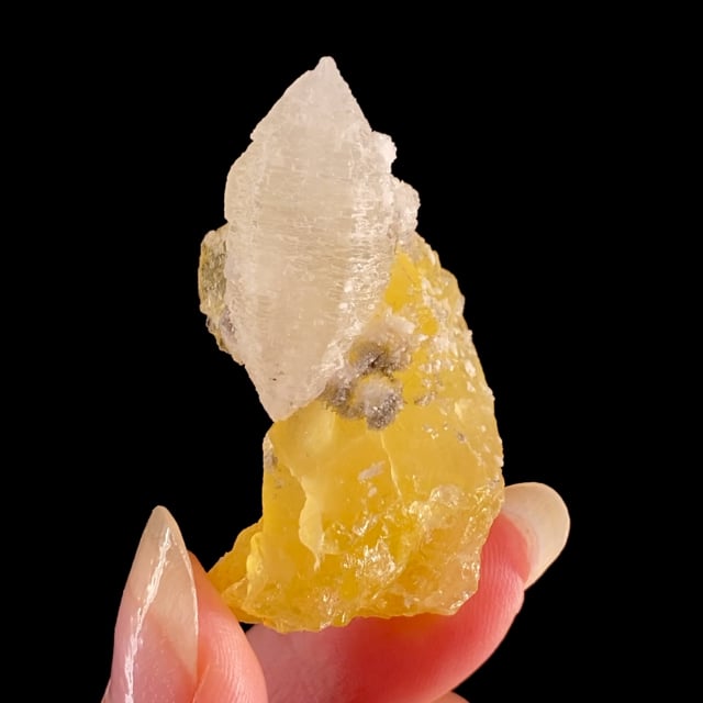 Witherite (doubly-terminated) on Fluorite