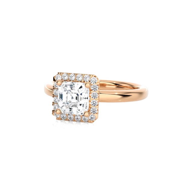 1.20 Karat Halo Solitärring mit asscher geschliffenem Labordiamant aus Rotgold und runden laborgezüchteten Diamanten