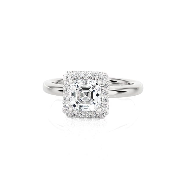 1.50 carats bague solitaire de type auréole avec un diamant de taille Asscher en or blanc et diamants ronds