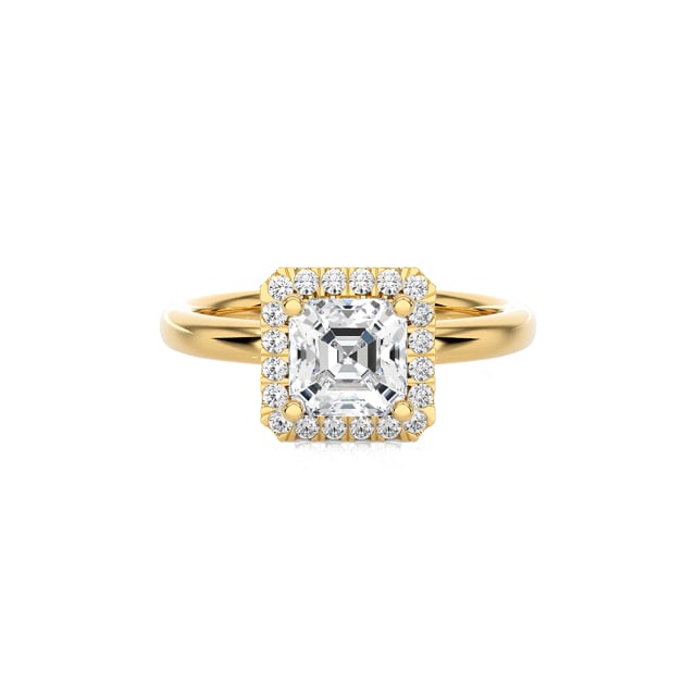 1.00 Karat Halo Solitärring mit asscher geschliffenem Labordiamant aus Gelbgold und runden laborgezüchteten Diamanten